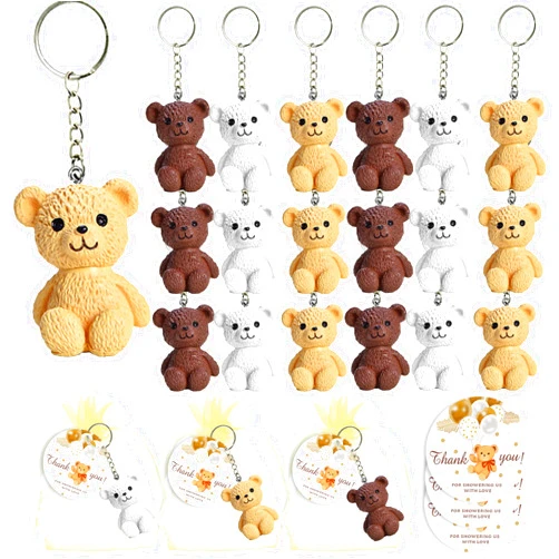 BUYWUMORE 18 Sets Bear Party Favors Mini Bear Keychains with Gold Organza Bags Thank You Tags for Baby Shower Bear Theme Party Return Favors Goodie Bag Decor Classroom Rewards Supplies（Mini Bear）