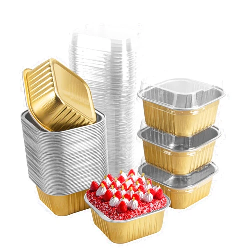 Zycozzn 50 Pcs Mini Square Baking Cups with Lids,5oz Aluminum Foil Mini Cake Pans with Lids,Disposable Ramekins Cake Pans,150ml Dessert Cups Cupcake Pans for Wedding Birthday Party,Gold