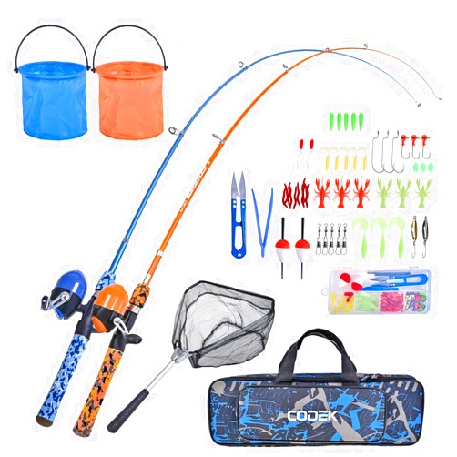 CODEK Kids Fishing Pole Set with Full Starter Kits 2 Set Portable Telescopic Fishing Rod and Spincast Reel Cambos with a Fishing Net and 2 Buckets for Boys Girls and Youth