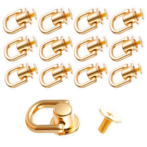 Grevosea 12 Pcs 360° Rotatable D Rings Rivets for Leather Purse - Metal Stud Screw Head Buttons for Wallet, Strap, Shoes, and Accessories (Golden)