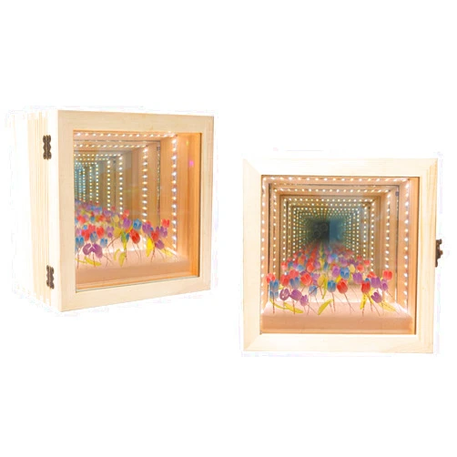 Choowin LED Infinity Mirror Display Box Display Case Shadow Box Frame Memory Box Keepsake Box DIY Creative Gift 7.9x7.9x4.7 inch Wood