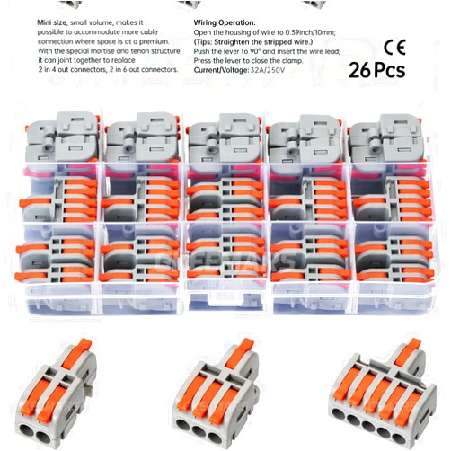 GKEEMARS 26Pcs Compact Splicing Connectors Wire Connectors Kit 2, 3 and 5 Circuit Inline Splices 24-12 AWG (Grey)