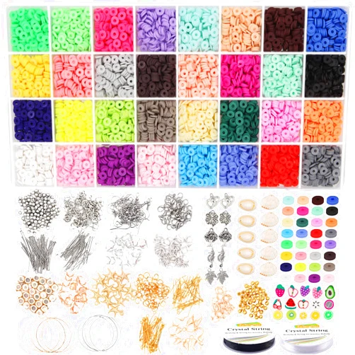 EuTengHao Flat Clay Beads Kit,Round Polymer Clay Spacer Beads,Ceramic Beads,32 Colors African Disc Beads for Bracelets Necklace Earring Jewelry Making with Pendant and Jewelry Findings (8632Pcs)