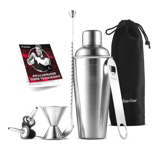 FineDine 7-Piece Cocktail Shaker Set - Bar Tools - Stainless Steel Bartender Kit, with All Bar Accessories, Cocktail Strainer, Double Jigger, Bar Spoon, Bottle Opener, Pour Spouts