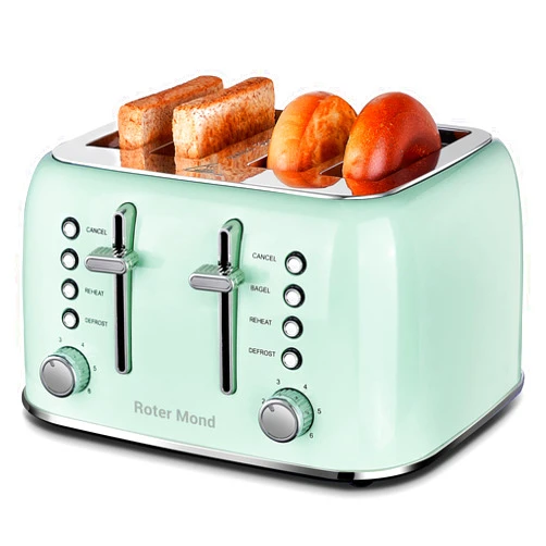 Roter Mond Toaster 4 Slice Retro Stainless Steel with Extra Wide Slots Bagel, Defrost, Reheat Function, Dual Independent Control Panel, Removable Crumb Tray, 6 Browning Levels, Aqua Green