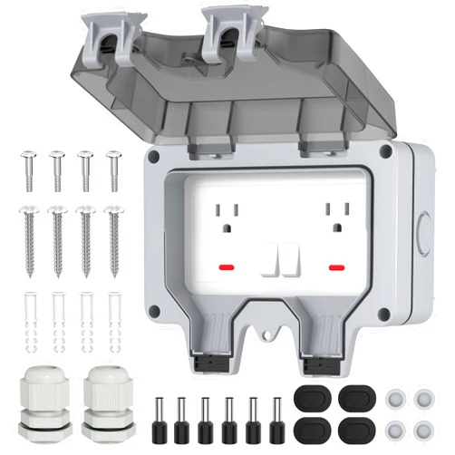 Joinfworld Outlet Box, IP66 Waterproof Outdoor Outlet Box, 15A 250V Exterior Lockable Outlet Plug Socket Box with LED Indicator (Double Plug Socket)