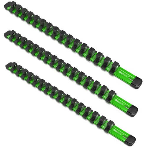 Olsa Tools Aluminum Socket Organizer Kit (3pc Set) | Fits all 1/2-Inch Chrome and Impact Sockets | Fits Deep and Shallow Sockets | Professional Quality Socket Rail (Green)