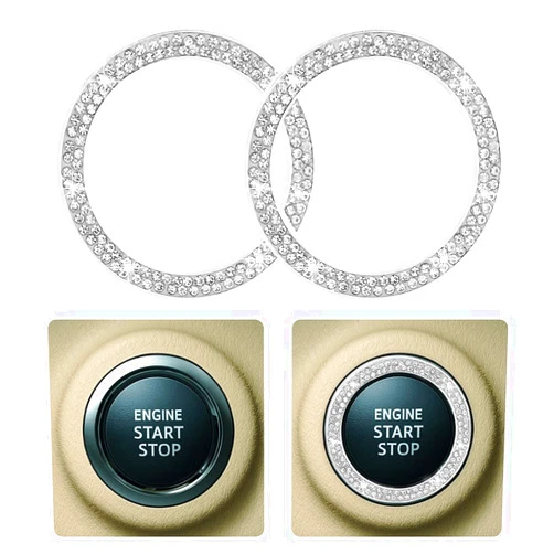 Moly Magnolia 2 PCS Crystal Rhinestone Car Engine Start Stop Decoration Ring, Car Bling Ring Crystal Car Stickers Rings Womens Car Decals, Key Ignition Starter & Knob Ring (Silver/Double Ring)