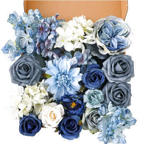Garisey Artificial Flowers Combo Box Set Dusty Blue Flowers for DIY Wedding Bouquet Arrangements Bridal Shower Party Home Decorations(White Blue Rose)