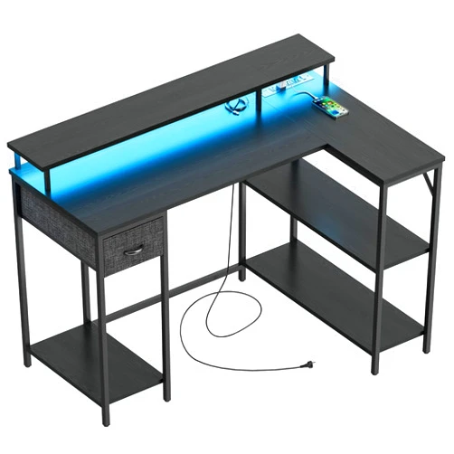 Homall L Shaped Gaming Desk with LED Lights & Power Outlets, Reversible Computer Desk with Shelves & Drawer, 47’’ Corner Desk Table with Monitor Stand, Home Office Study Writing Table (Black)