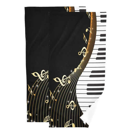 COVASA Golden Musical Notes Hand Towels for Bathroom Set of 2,Black and White Piano Instrument Music Theme Kitchen Towels,Microfiber Absorbent Decorative Bathroom Towels for Face,Shower,Gym 14