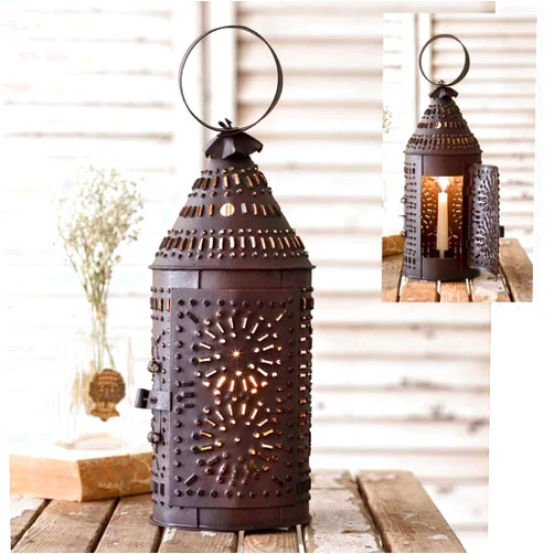 CTW Rustic Brown Punched Tin Paul Revere Candle Lantern,5 Wide and 14 high