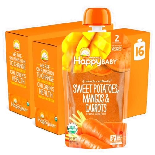 Happy Baby Organics Clearly Crafted Stage 2 Baby Food, Sweet Potatoes, Mangoes & Carrots, 4 Ounce Pouch (Pack of 16)
