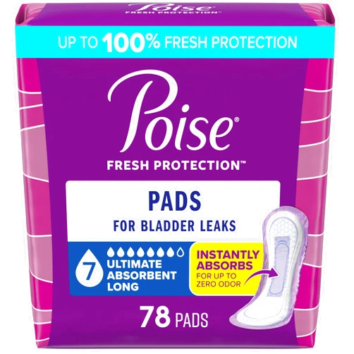 Poise Incontinence & Postpartum Pads for Bladder Leaks, 7 Drop Ultra Absorbency, Long Length, 78 Count, Packaging May Vary