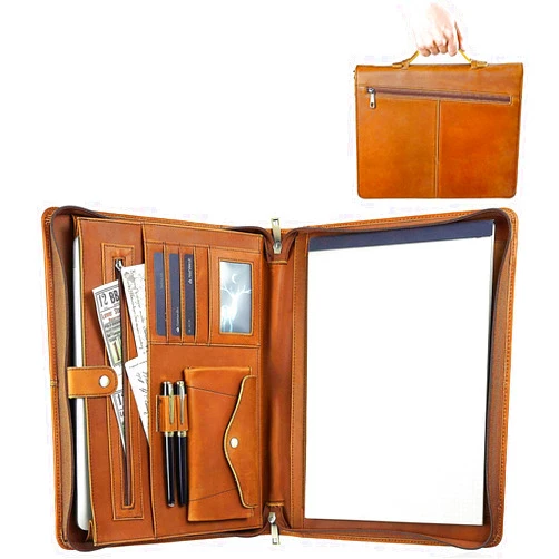 Calfinder Zippered Portfolio Folder, Leather Business Organizer for Documents, Resume Padfolio Folio with A4/Letter Size Notepad Holder, Padfolio for 13.3