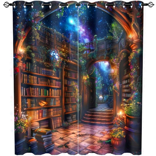 HDESDIS Abstract Bookshelf Blackout Curtains for Bedroom Living Room, Plants Library Star Fantasy Thermal Insulated Curtains Window Drapes with Grommet, 21W x 45L, 2 Panels