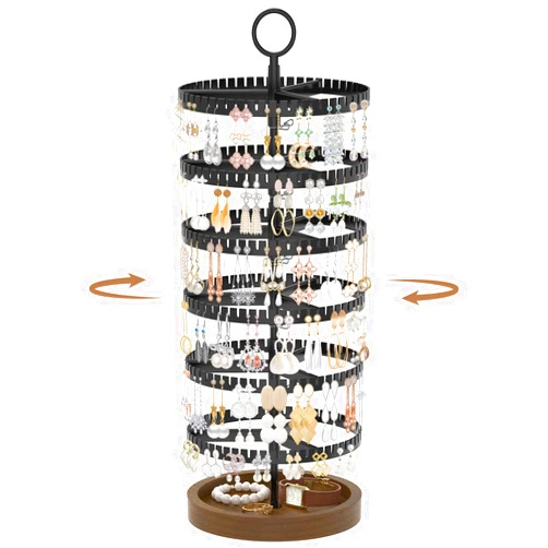iDavosic.ly 6 Tier Rotating Earring Holder Organizer with Wooden Tray, Large Dangle Display Stands Tree with 342 Plastic Grooves, Adjustable Hoop Storage Rack, Space Saving Tower, Black & Brown