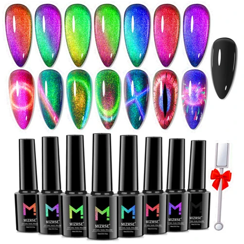 MIZHSE 9D Cat Eye Gel Nail Polish 8x10ML, Dual Color Galaxy Magnetic Nail Polish Gel, Magic Cateye Chameleon DIY Nail Art Manicure Set for Home with Magnet Stick