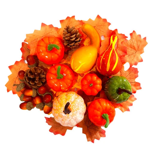 MEOGUTYI Thanksgiving Artificial Pumpkins, 50 PCS Mini Artificial Pumpkins with Maple Leaves, Pinecones, Acorns, Fall Harvest Decorating Set for Fall Wedding, Halloween, Thanksgiving Table Centerpiece