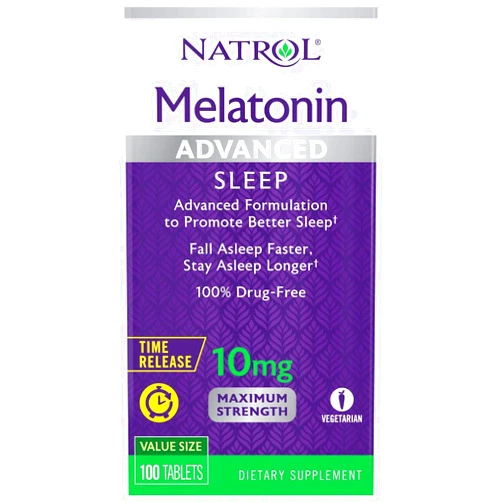 Natrol Melatonin Advanced Sleep Tablets with Vitamin B6, Helps You Fall Asleep Faster, Stay Asleep Longer, 2-Layer Controlled Release, 100% Drug-free, Maximum Strength, 10mg, 100 Count