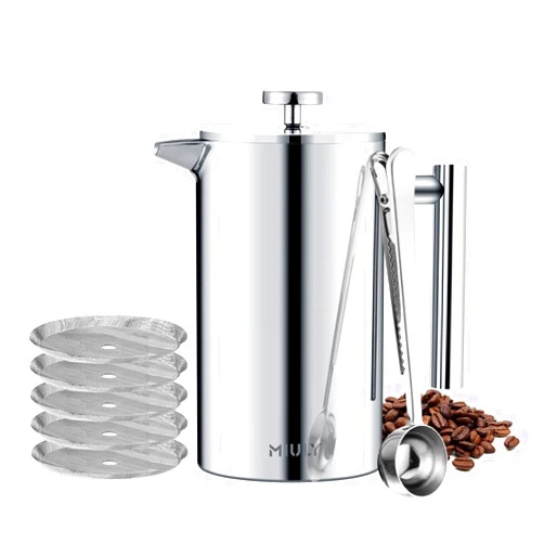 Miuly French Press 34oz, Double Insulated 304 Stainless Steel Coffee Press,Stainless Steel French Press with 5 Extra Fliters and 3 Additional Coffee Set(34oz, Sliver)