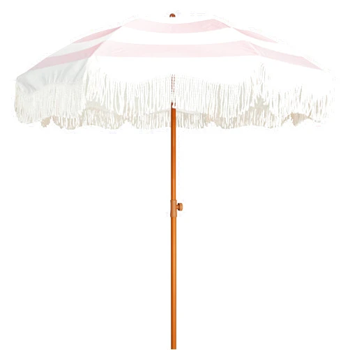 AMMSUN Boho Fringe Umbrella Outdoor Patio, 6.5ft UPF50+ Picnic Umbrella with Tassels with Steel Pole and Push Button Tilt, Pink Stripes