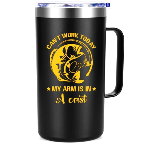 Qtencas Fishing Gifts for Men Dad, I Can't Work Today My Arm is in A Cast Insulated Stainless Steel Coffee Mug for Dad Papa Grandpa Fishing Lover on Birthday Father's Day Christmas, 20oz, Black