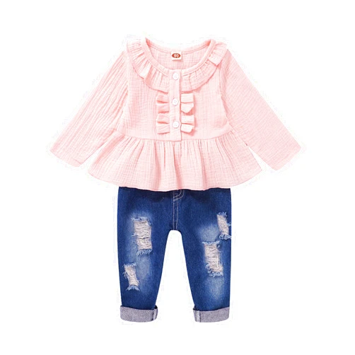 Saeaby Baby Girl Clothes Toddler Girl Jeans Outfits Ruffle Shirt Denim Pants Girls Clothing Set Fall Winter Outfit