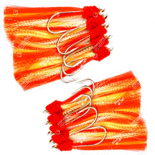 Fish WOW! 10 Pieces 7/0 Shrimp Flying Hooks with red Yellow Krystal Flash