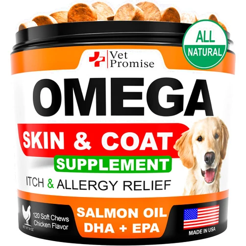 Vet Promise Omega 3 for Dogs - Skin and Coat Supplement - Fish Oil for Dogs Chews - Allergy and Itch Relief - Anti Shedding Supplement - Dry Skin Treatment - Salmon Oil - Made in USA - 120 Soft Treats