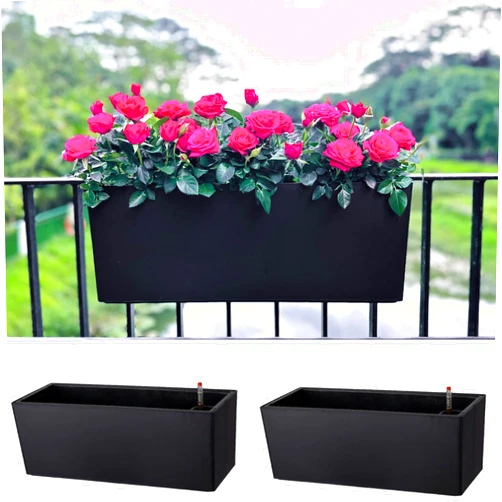LáLáGreen LaLaGreen Rail Planter for Balcony Outdoor (2 Pack, 20 Inch) Large Black Self Watering Railing Planters with Brackets, Rectangular Plastic Deck Fence Window Box Designer Choice with Rattan Pattern