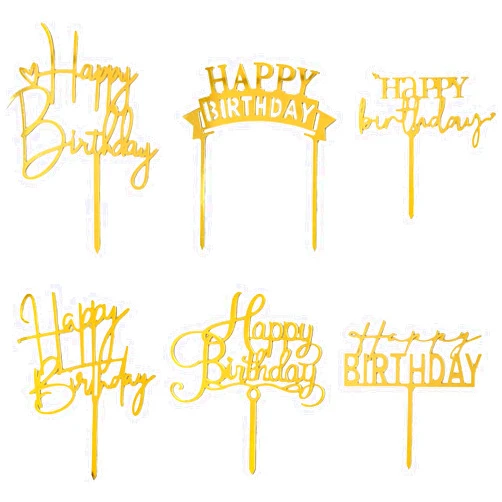 Hazyore Gold Birthday Cake Topper, 6pcs Acrylic Birthday Cake Toppers Happy Birthday Cake Toppers for Birthday Decorations Gold Topper for Girls Women's Party Decorations