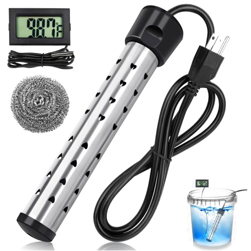 Kicoeoy Immersion Water Heater, 2000W Electric Submersible Water Heater with 304 Stainless Steel Cover, Portable Bucket Heater with Digital LCD Thermometer, Fast Heats 5 Gallons of Water in Minutes