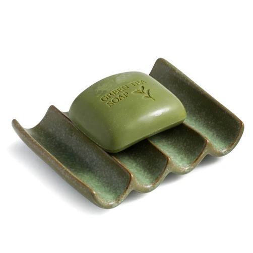 Cormomu Draining Ceramic Soap Dish - Fluted Design, Bar Soap Holder for Shower & Bathroom, Soap Saver Sponge Lift, Green