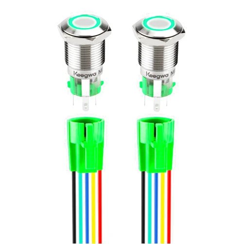 Keegwa (2 PCS) 16mm Latching Push Button Switch Silver Stainless Steel Metal with Ring LED Light with Wire Socket Plug Self-Locking 12V-24V 5A SPDT 1NO1NC (Green)