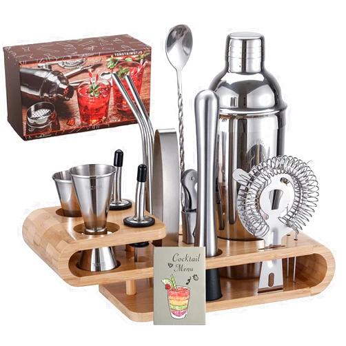 TONGTAIWQTJQ Bartender Kit Cocktail Shaker with Stylish Bamboo Stand,18-Piece Bar Tool Set with Recipes Booklet,Home Drink Mixer Set