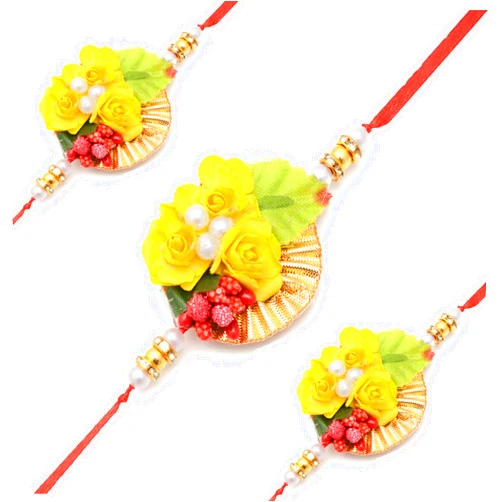 Generic Thomassilk Set of 3 pcs Multi Colour Designer Rakhi for Brother Bhaiya & Bhabhi Family Set Handmade Floral Rakhdi Set.