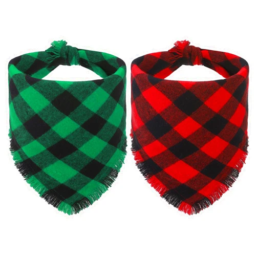 SCENEREAL Dog Christmas Bandana 2 Pack, Reversible Red & Green Buffalo Plaid Puppy Scarf with Tassels Edges for Boy and Girl, Adjustable Holiday Xmas Pet Bib for Small Medium Large Dogs Cats XL