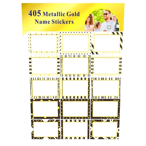 Hebayy 405 PCS Gold Metallic Name Tag, Blank Name Labels in 15 Designs with Permanent Adhesive Writable White Name Tag Stickers for School Office Home (Each Measures 3