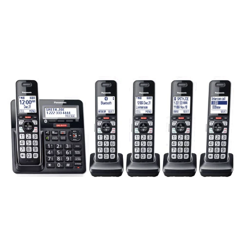Panasonic Cordless Phone with Advanced Call Block, Link2Cell Bluetooth, One-Ring Scam Alert, and 2-Way Recording with Answering Machine, 5 Handsets - KX-TGF975B (Black with Silver Trim)