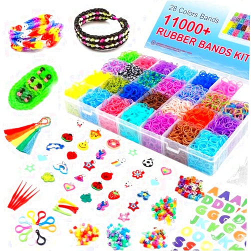 Inscraft 11880+ Loom Bands Set: Colorful Rubber Bands in 28 Colors with Container, 600 Clips, 200 Beads, 52 ABC Beads, Premium Bracelet Making Refill Kit for Girls Kids Gift DIY Craft