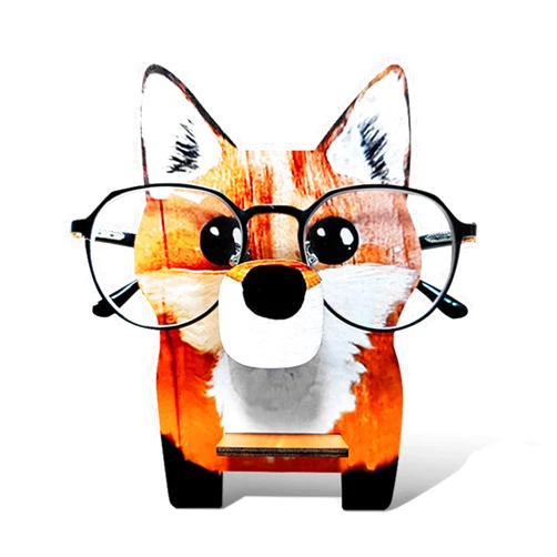 Keweis Creative Glasses Holder Stand, Cute Animal Handmade Wooden Carving Eyeglass Holder, Sunglasses Spectacle Display Rack for Home, Office, Desk, Nightstand (Fox)