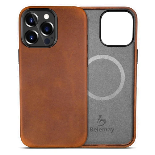 Belemay Compatible with iPhone 15 Pro Max Leather Case Magsafe-Top Grain Vintage Crazy Horse Leather-Metal Buttons Camera Bezel-Slim Fit-Precision Crafted Premium Phone Cover (6.7-inch)-Retro Brown