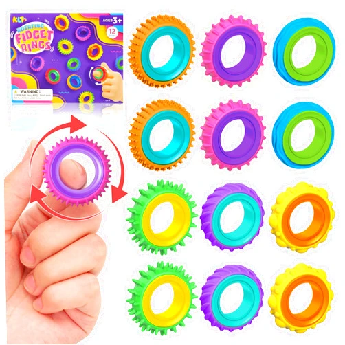 KLT Fidget Toys Sensory Rings for Kids: 12 Pack Finger Spinner Rings - Texture Stress Toys for Kids Autism Calming - Fun Fidgets for Student Classroom Prize Stocking Stuffers