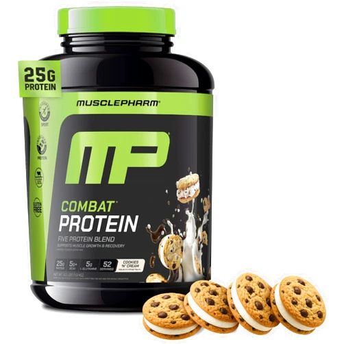 Muscle Pharm MusclePharm Combat Protein Powder, Cookies ‘N’ Cream Flavor, Fuels Muscles for Productive Workouts, 5 Protein Sources including Whey Protein Isolate & Egg Albumin, Gluten Free, 4 lb, 52 Servings