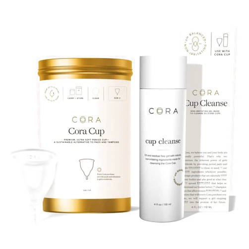 Cora Menstrual Cup & Cup Cleanse with Natural Stain-Fighting Ingredients | Reusable Period Cup Bundle (Cup Cleanse + Size 2 Menstrual Cup)
