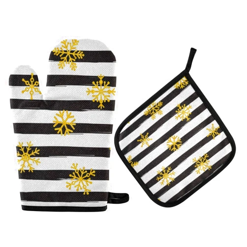 susiyo Gold Snowflakes Stripes Oven Mitt and Potholder Set, Heat Resistant BBQ Gloves Kitchen Accessories for Cooking Grilling Baking