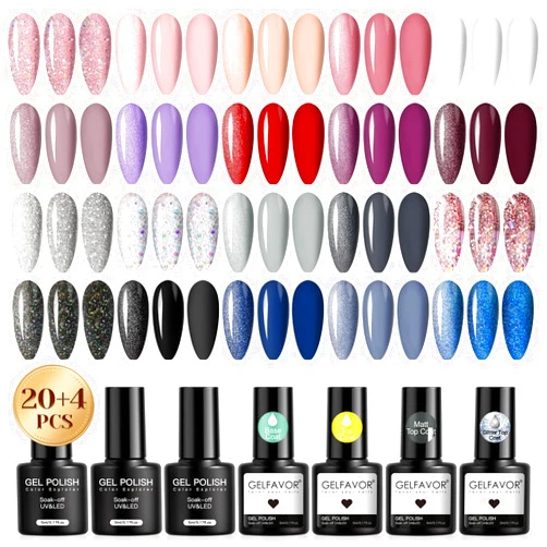 Gelfavor Pink Sliver Gel Nail Polish Set, 24 PCS Gel Polish with No Wipe Base, Matte Glossy & Glitter Top Coat Soak Off Need U v Curing Nail Gel Polish Set Nail Art Gift