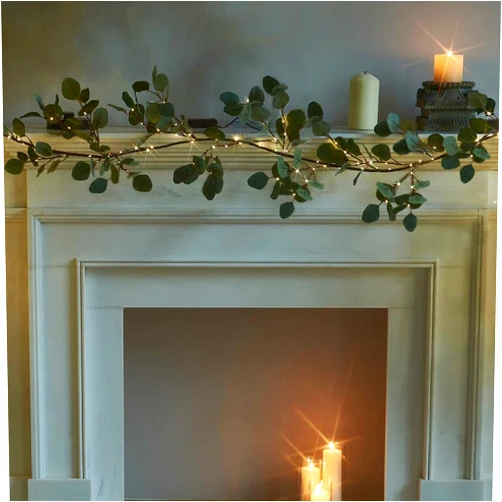 Fudios Lighted Twig Eucalyptus Garland 6FT 96 Warm White LED Battery Operated with Timer for Mantle Fireplace Wedding Party Spring Bedroom Decoration Indoor Outdoor Use