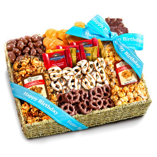 A Gift Inside Birthday Chocolate Caramel and Crunch Grand Gift Basket with Snacks, Pretzels, Ghirardelli and Chocolate-covered Nuts
